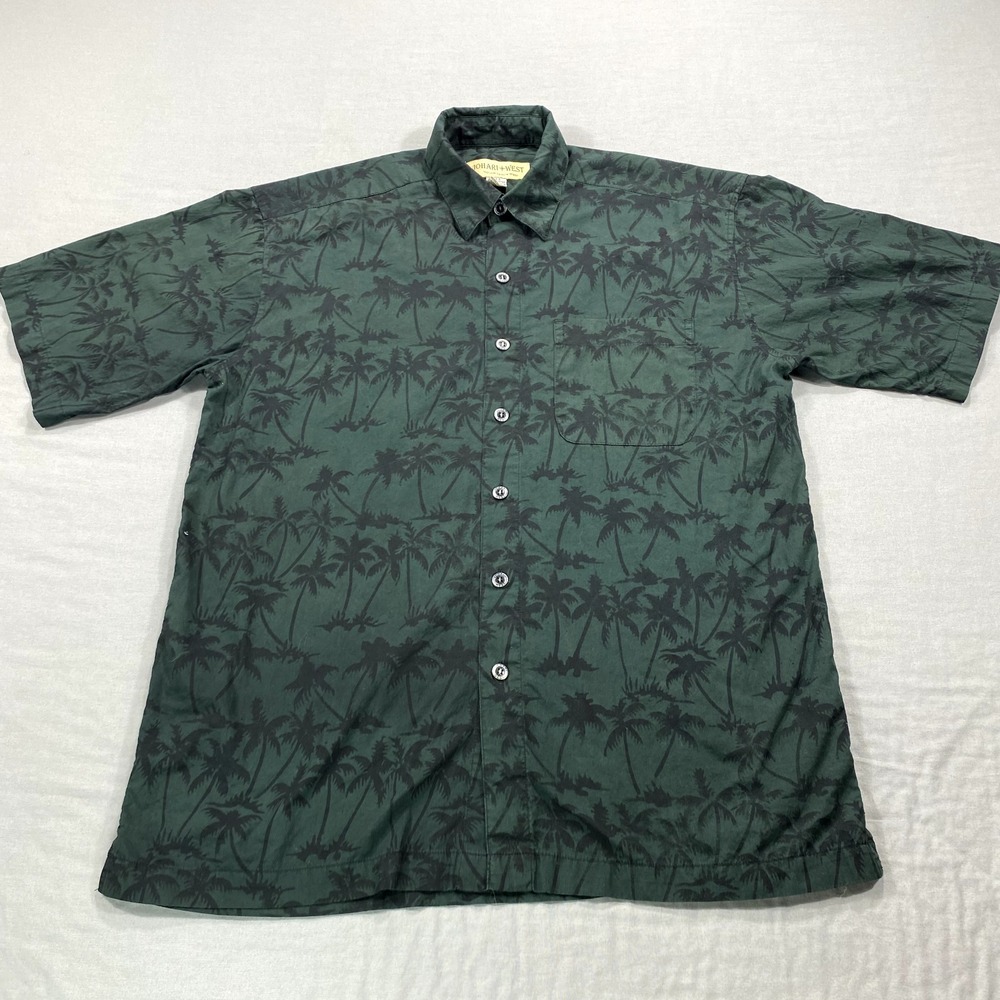 Johari West Shirt Adult Large‎ Black Button Up Hawaiian Palm Camp Casual Mens